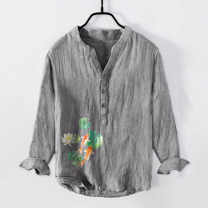 Buddha Stones、鯉、蓮の葉柄、ハーフボタン、メンズコットンリネン長袖シャツ - グレー - US/UK/AU50、EU60 (5XL) - image 6