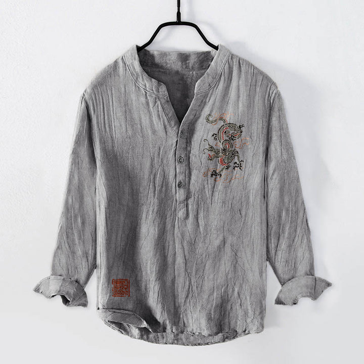 Buddha Stones龍中国印章柄半ボタンメンズコットンリネン長袖シャツ - グレー - US/UK/AU50、EU60 (5XL) - image 3