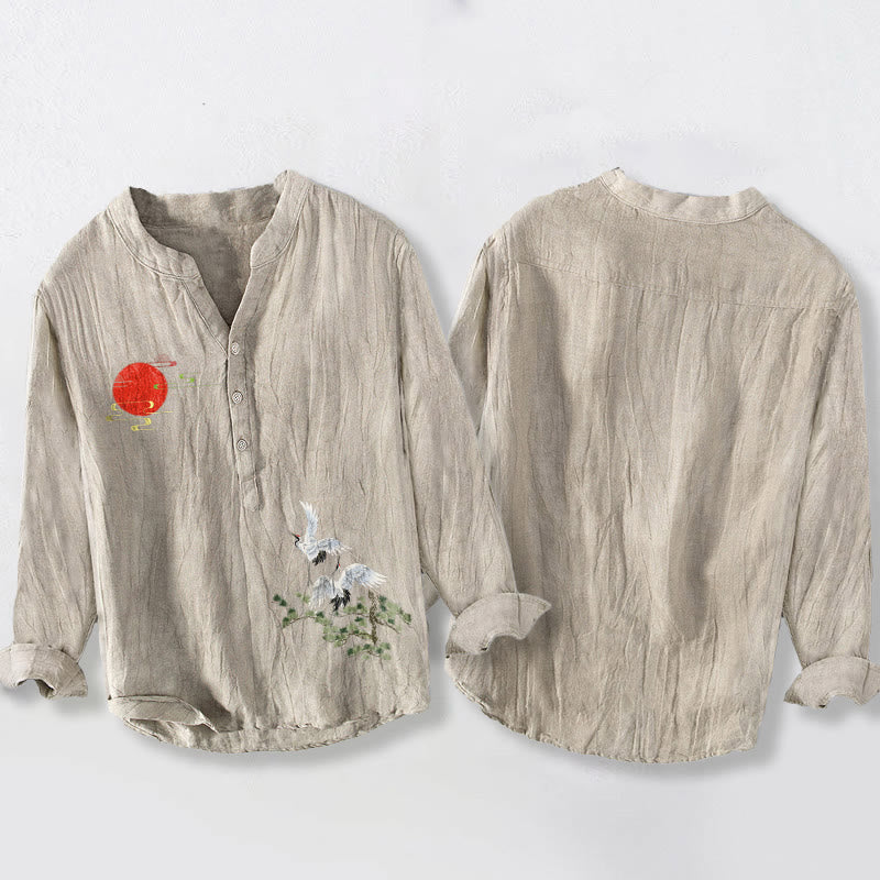 Buddha Stones、太陽、鶴、松の枝柄、ハーフボタン、メンズコットンリネン長袖シャツ - image 8