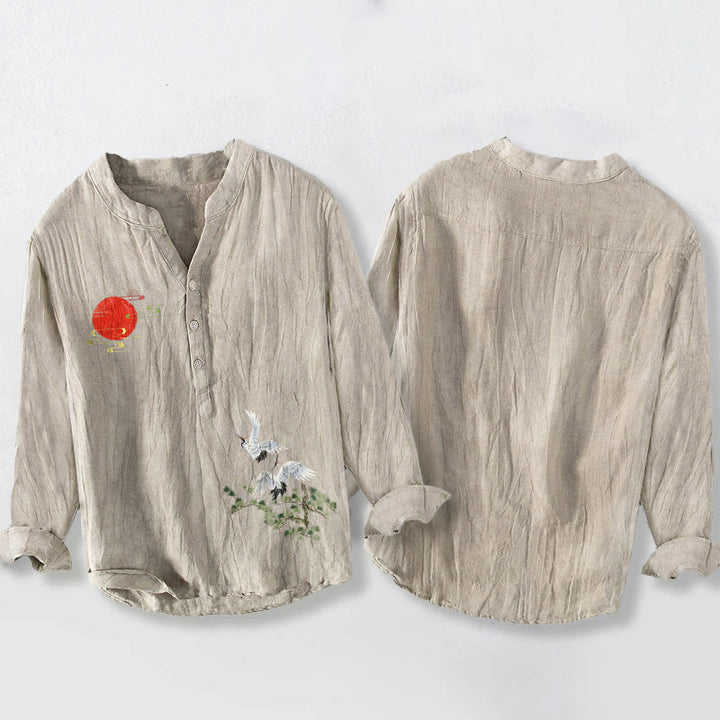 Buddha Stones、太陽、鶴、松の枝柄、ハーフボタン、メンズコットンリネン長袖シャツ - image 8