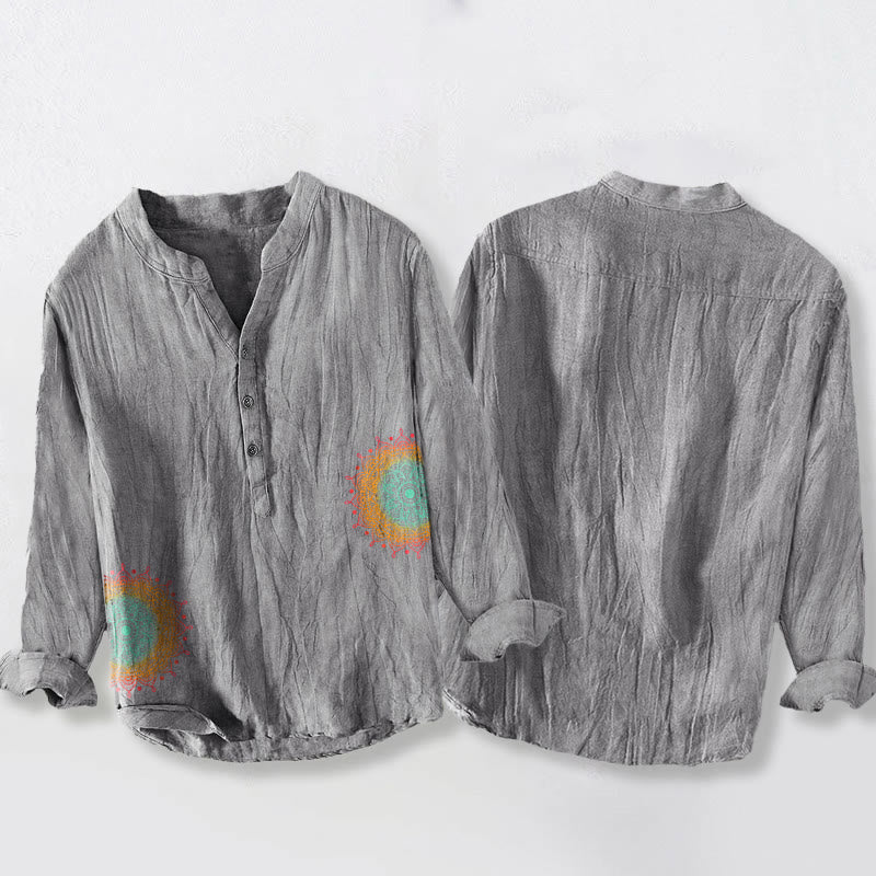 Buddha Stonesカラフル マンダラ柄 ハーフボタン メンズ コットン リネン 長袖シャツ - image 8