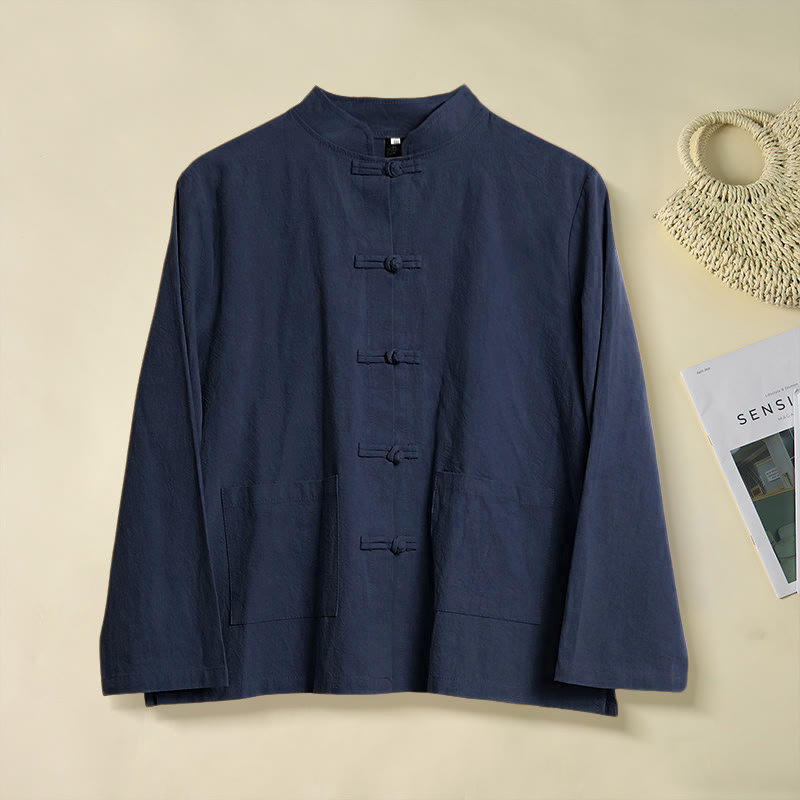 Buddha Stonesエスニック フロッグボタン 長袖 スタンドカラー レディース コットンシャツ ポケット付き - ミッドナイトブルー - US12、 UK/AU16、 EU44 (2XL) - image 21