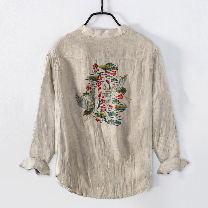 Buddha Stones、鶴、松、花柄、ハーフボタン、メンズコットンリネン長袖シャツ - image 5
