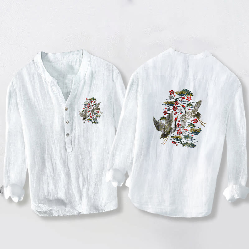 Buddha Stones、鶴、松、花柄、ハーフボタン、メンズコットンリネン長袖シャツ - 白 - US/UK/AU50、EU60 (5XL) - image 0