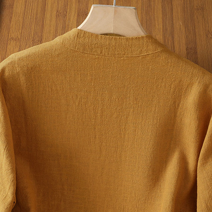 Buddha Stonesカラーコントラストデザイン 中国風フロッグボタン長袖レディースリネンシャツ - image 3