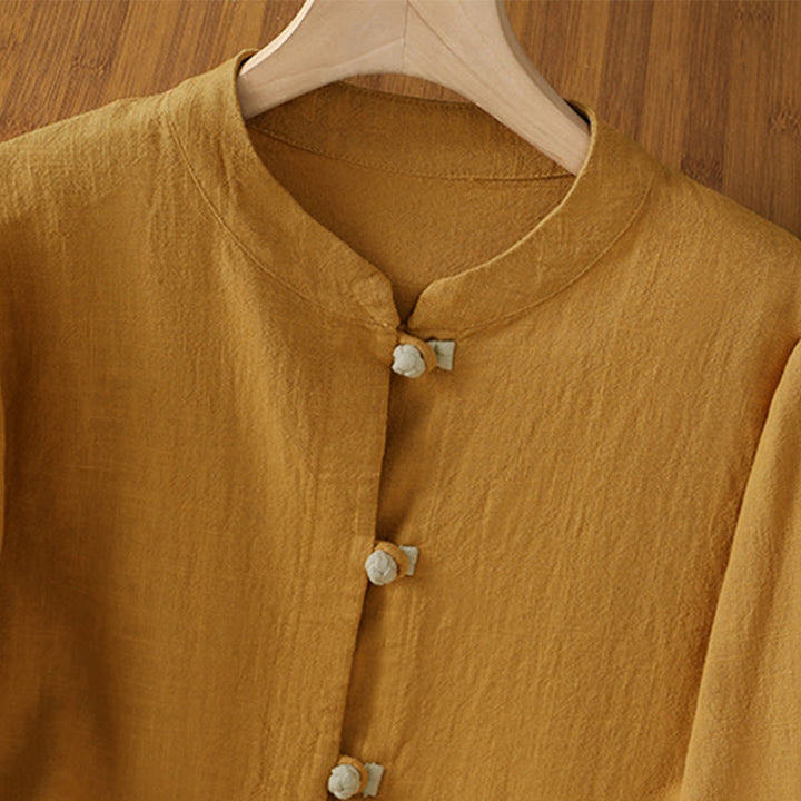 Buddha Stonesカラーコントラストデザイン 中国風フロッグボタン長袖レディースリネンシャツ - image 2