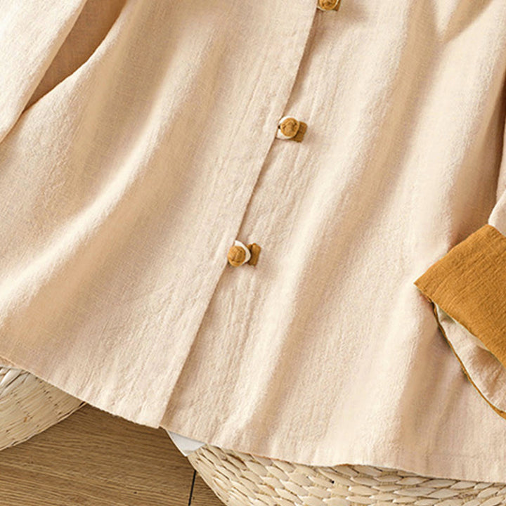 Buddha Stonesカラーコントラストデザイン 中国風フロッグボタン長袖レディースリネンシャツ - image 11