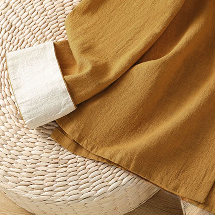 Buddha Stonesカラーコントラストデザイン 中国風フロッグボタン長袖レディースリネンシャツ - image 6