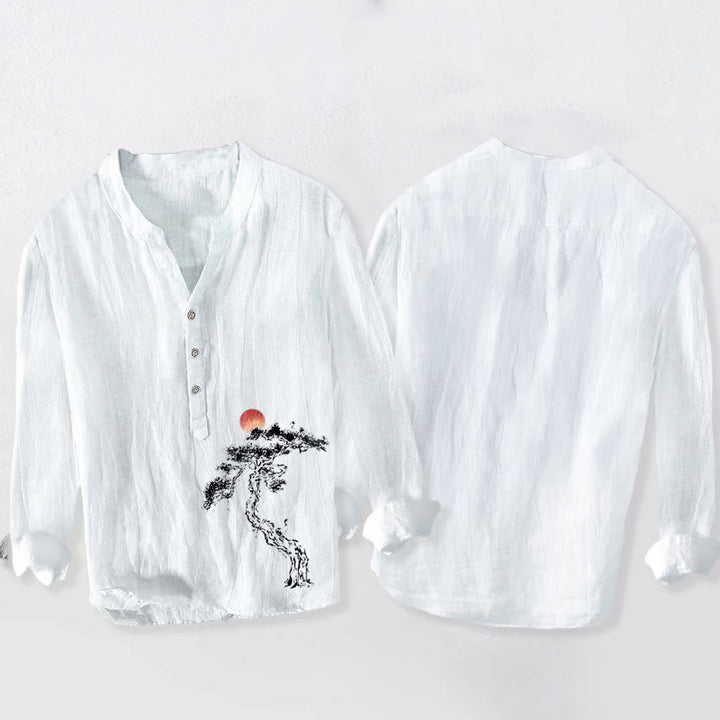 Buddha Stones、松、赤い太陽の模様、ハーフボタン、メンズコットンリネン長袖シャツ - image 8