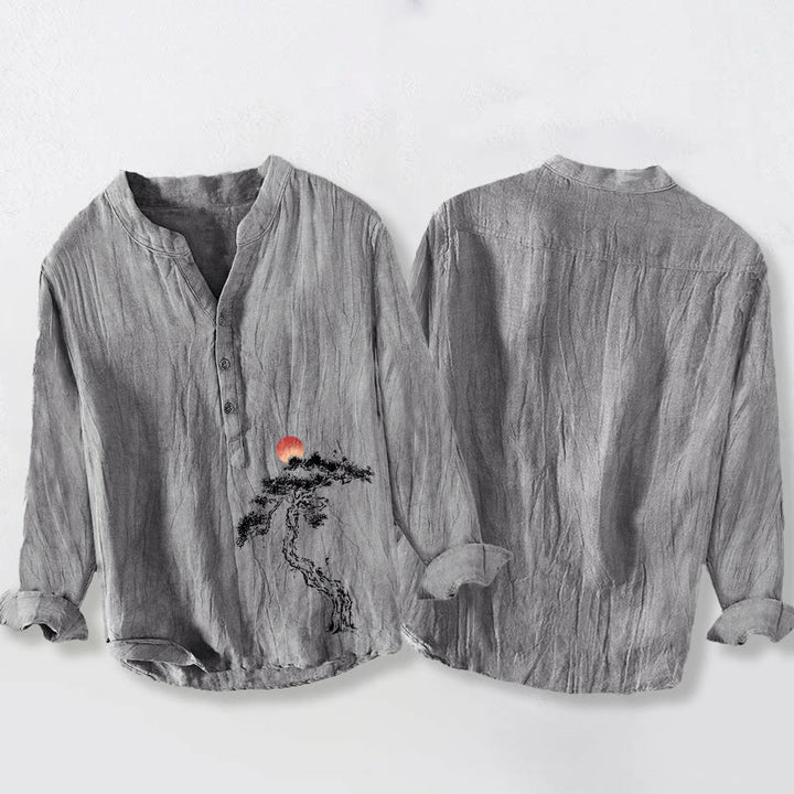 Buddha Stones、松、赤い太陽の模様、ハーフボタン、メンズコットンリネン長袖シャツ - image 5