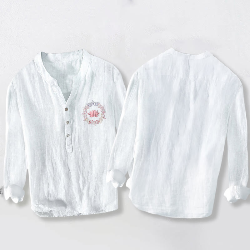 Buddha Stonesと蓮の曼荼羅模様のハーフボタンメンズコットンリネン長袖シャツ - image 2