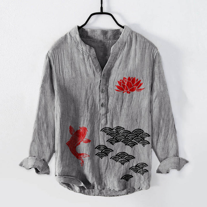 Buddha Stones、鯉、蓮、吉兆の雲、ハーフボタン、メンズコットンリネン長袖シャツ - グレー - US/UK/AU50、EU60 (5XL) - image 0