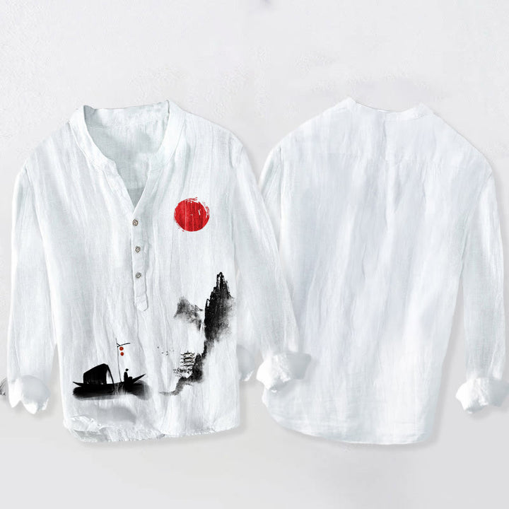 Buddha Stones、山、漁師、船、赤い太陽のハーフボタンメンズコットンリネン長袖シャツ - image 2
