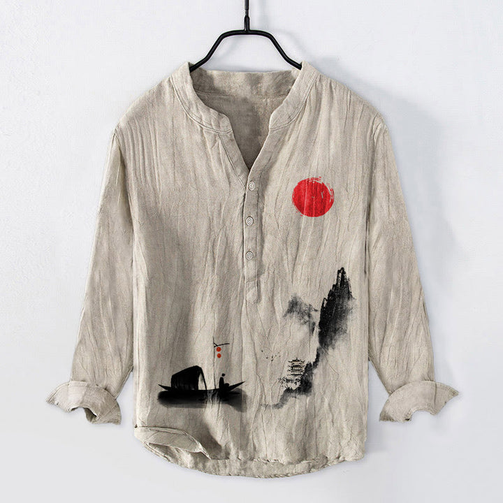 Buddha Stones、山、漁師、船、赤い太陽のハーフボタンメンズコットンリネン長袖シャツ - リネン - US/UK/AU50、EU60 (5XL) - image 6