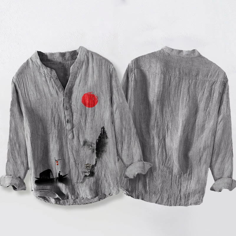 Buddha Stones、山、漁師、船、赤い太陽のハーフボタンメンズコットンリネン長袖シャツ - image 5