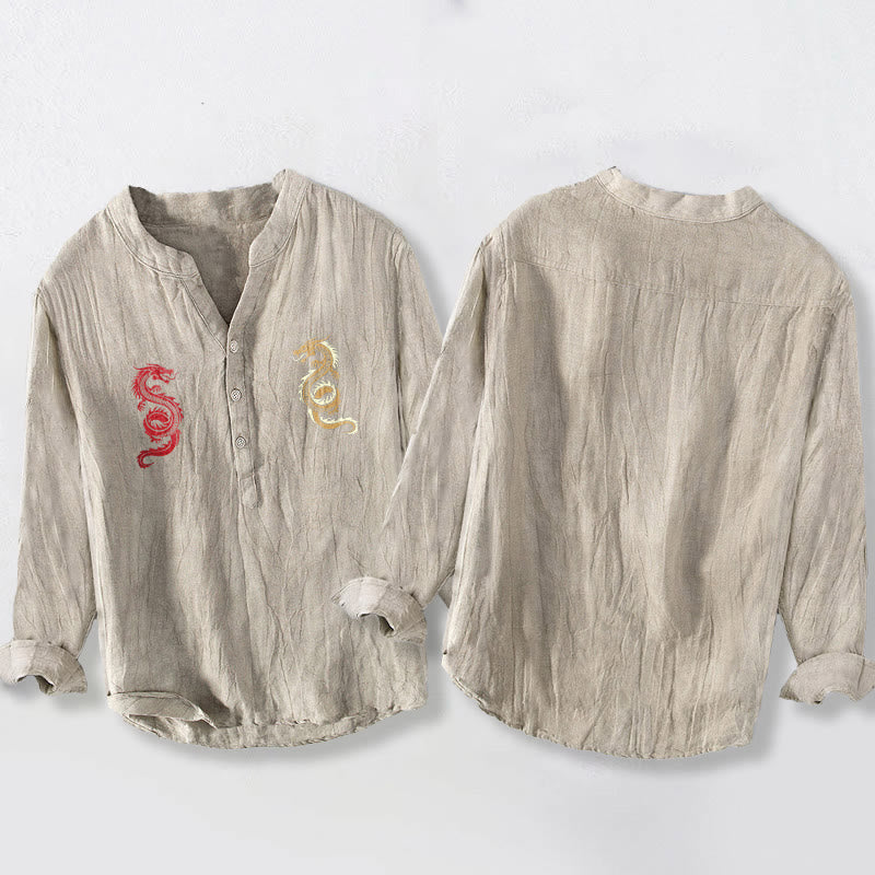 Buddha Stonesダブルドラゴン柄 ハーフボタン メンズ コットンリネン 長袖シャツ - image 8