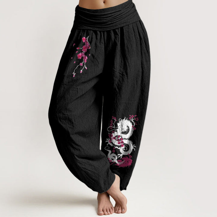 Buddha Stones ドラゴン桜柄レディース伸縮性ウエストハーレムコットンパンツ - 黒 - US16、 UK/AU20、 EU48 (3XL) - image 11