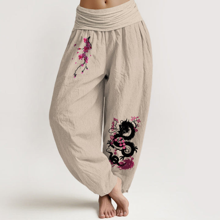 Buddha Stones ドラゴン桜柄レディース伸縮性ウエストハーレムコットンパンツ - タン - US16、 UK/AU20、 EU48 (3XL) - image 5