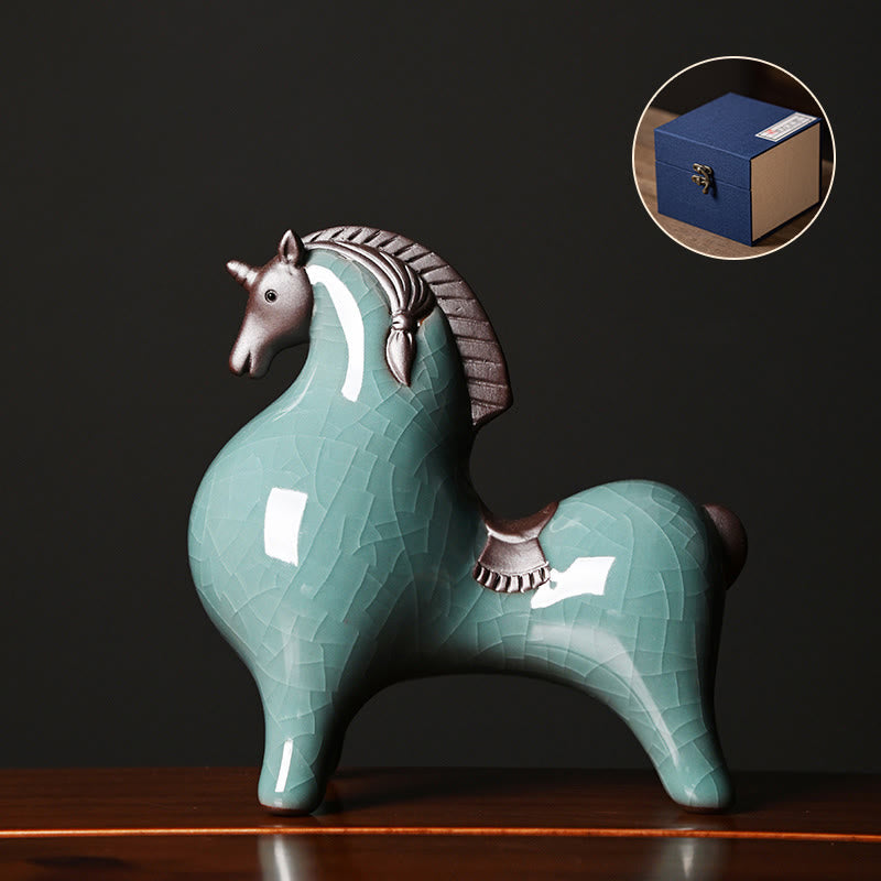 Buddha Stones午年 陶器 自由 デスクトップ ホームデコレーション - 立っている馬 ブルー 10.5*5.5*11cm - image 1