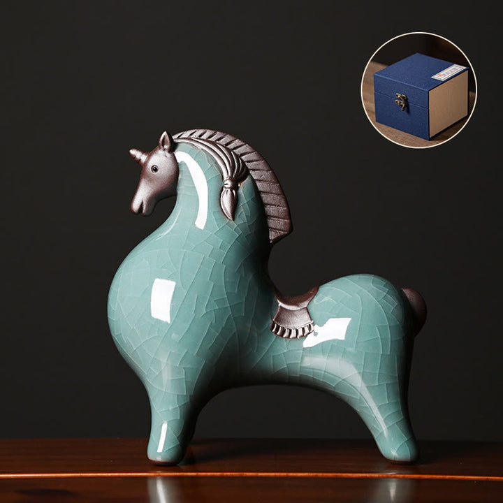 Buddha Stones午年 陶器 自由 デスクトップ ホームデコレーション - 立っている馬 ブルー 10.5*5.5*11cm - image 1