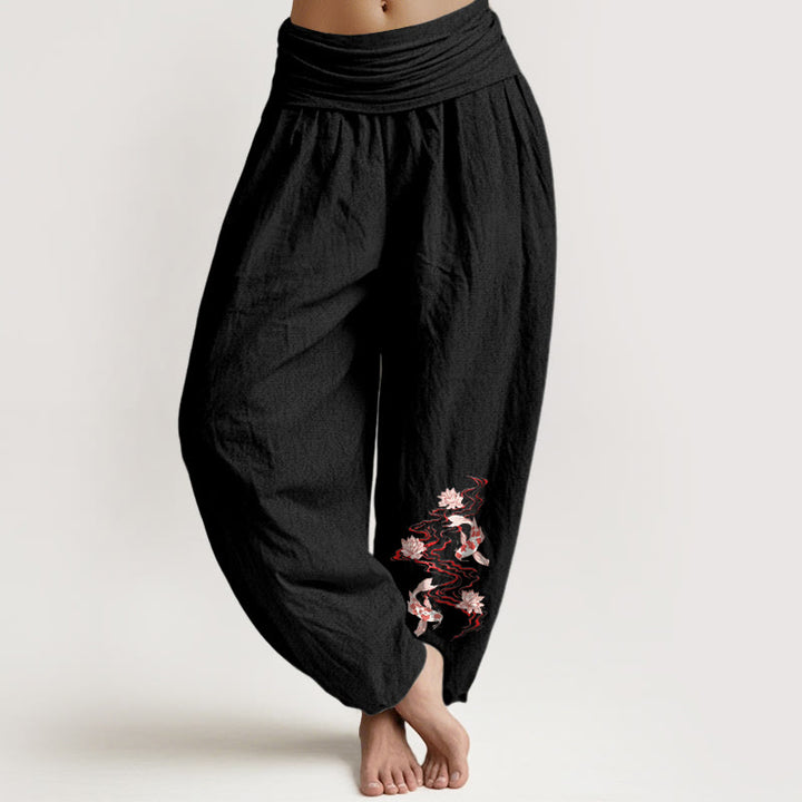 Buddha Stones 純綿 蓮 鯉鯉レディース 伸縮性ウエスト ハーレムパンツ - 黒 - US16、 UK/AU20、 EU48 (3XL) - image 0