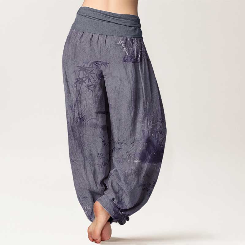 Buddha Stones純綿 カジュアル 竹 岩 水墨画 レディース 伸縮性ウエスト ハーレムパンツ - image 1