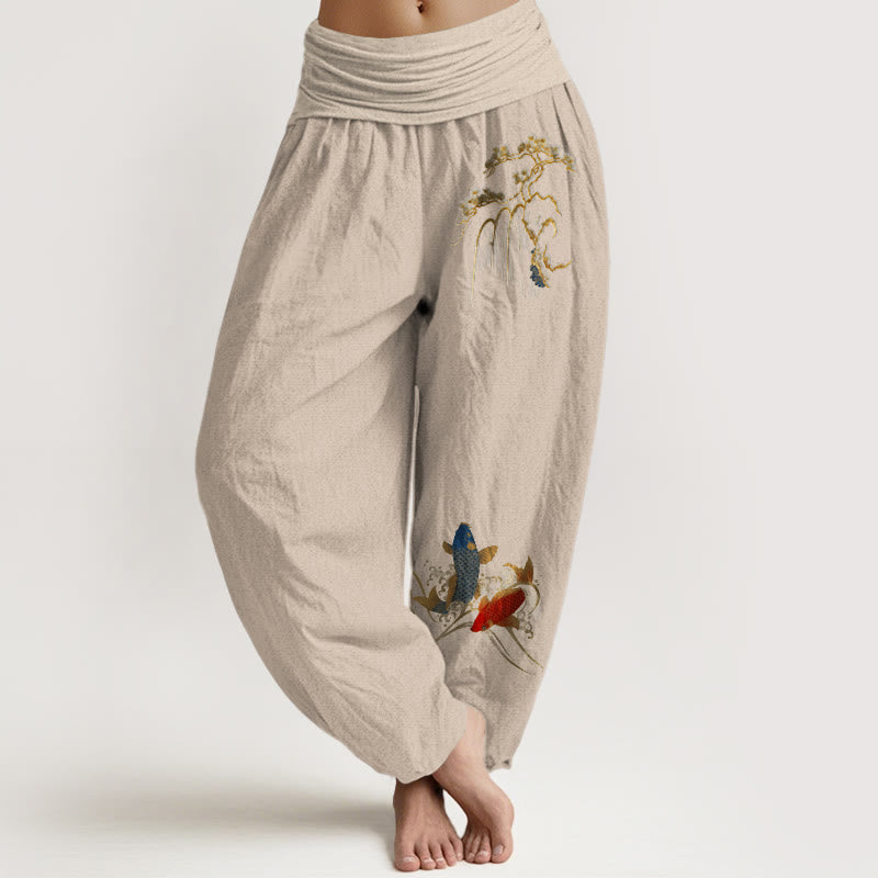 Buddha Stonesピュアコットン パイン鯉柄 レディース 伸縮性ウエスト ハーレムパンツ - タン - US16、 UK/AU20、 EU48 (3XL) - image 11