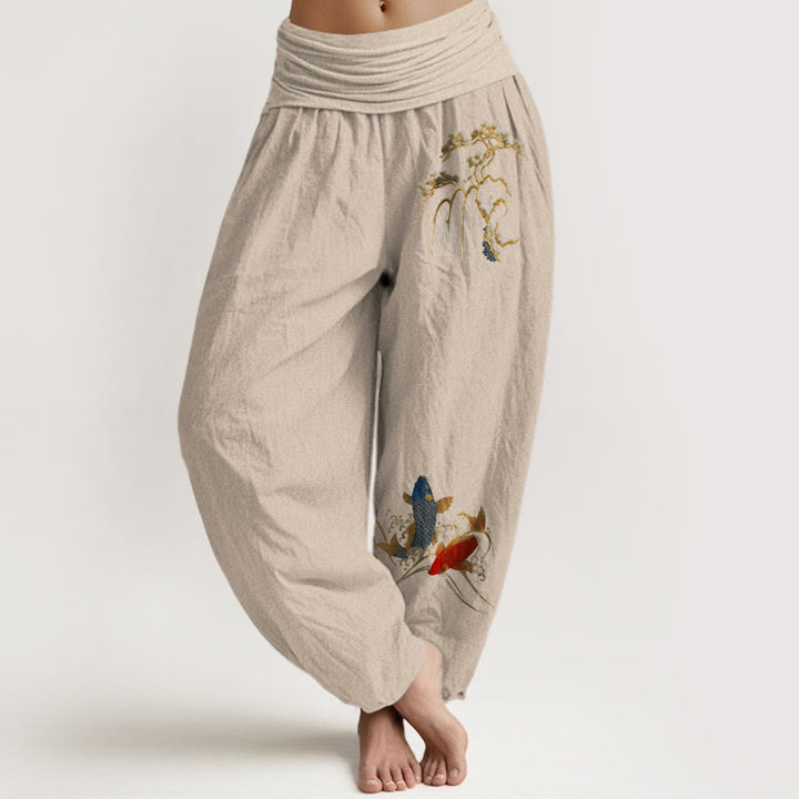 Buddha Stonesピュアコットン パイン鯉柄 レディース 伸縮性ウエスト ハーレムパンツ - タン - US16、 UK/AU20、 EU48 (3XL) - image 11