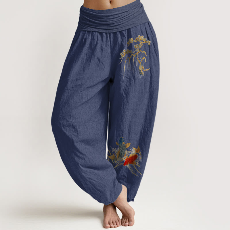 Buddha Stonesピュアコットン パイン鯉柄 レディース 伸縮性ウエスト ハーレムパンツ - ダークスレートブルー - US16、 UK/AU20、 EU48 (3XL) - image 5