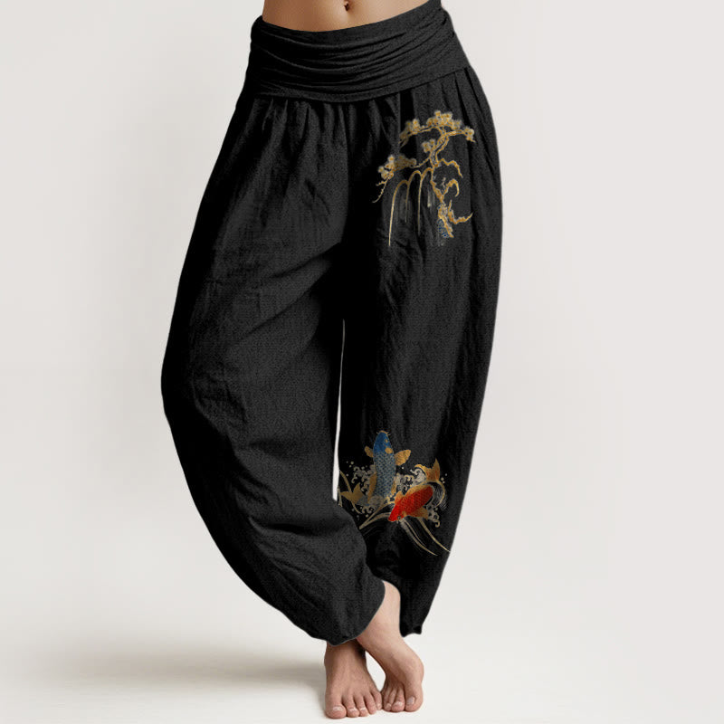 Buddha Stonesピュアコットン パイン鯉柄 レディース 伸縮性ウエスト ハーレムパンツ - 黒 - US16、 UK/AU20、 EU48 (3XL) - image 0