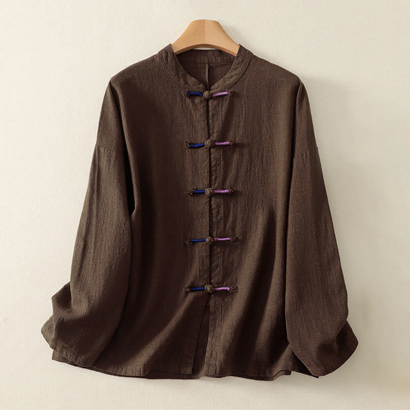 Buddha Stonesプレーンチャイニーズフロッグボタン 長袖 レディース コットン 禅服 シャツ - image 1