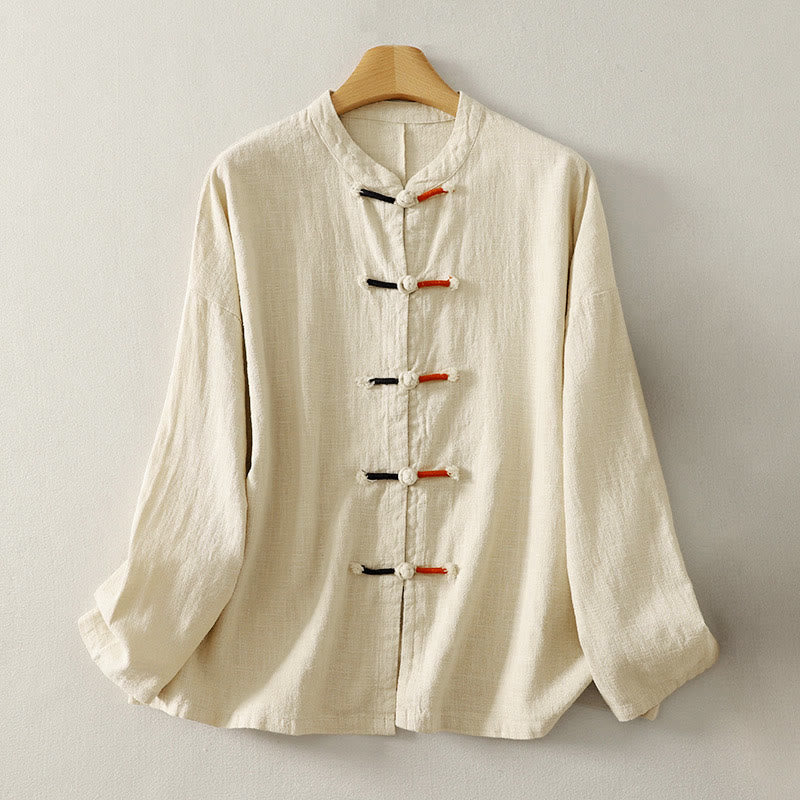 Buddha Stonesプレーンチャイニーズフロッグボタン 長袖 レディース コットンリネン 禅服 シャツ - ベージュ - US8-10，UK/AU12-14，EU40-42 (2XL) - image 6