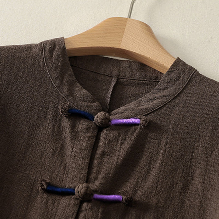 Buddha Stonesプレーンチャイニーズフロッグボタン 長袖 レディース コットンリネン 禅服 シャツ - image 2