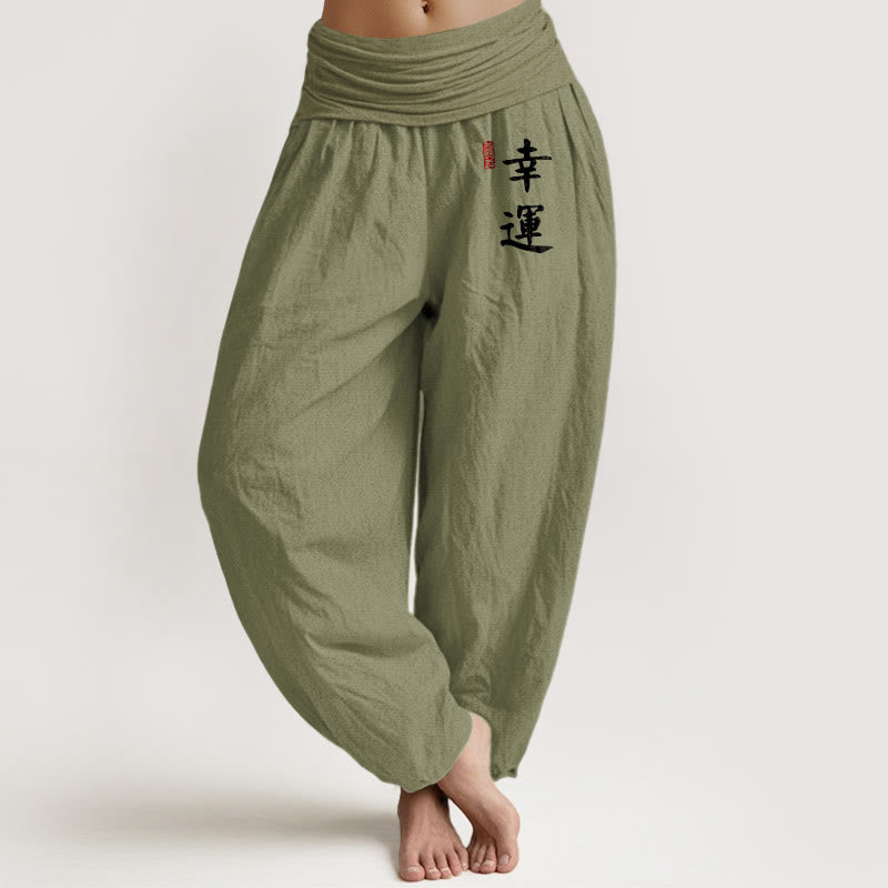 Buddha Stonesと漢字の赤い印章模様のレディース伸縮性ウエストハーレムコットンパンツ - オリーブドラブ - US16、 UK/AU20、 EU48 (3XL) - image 5