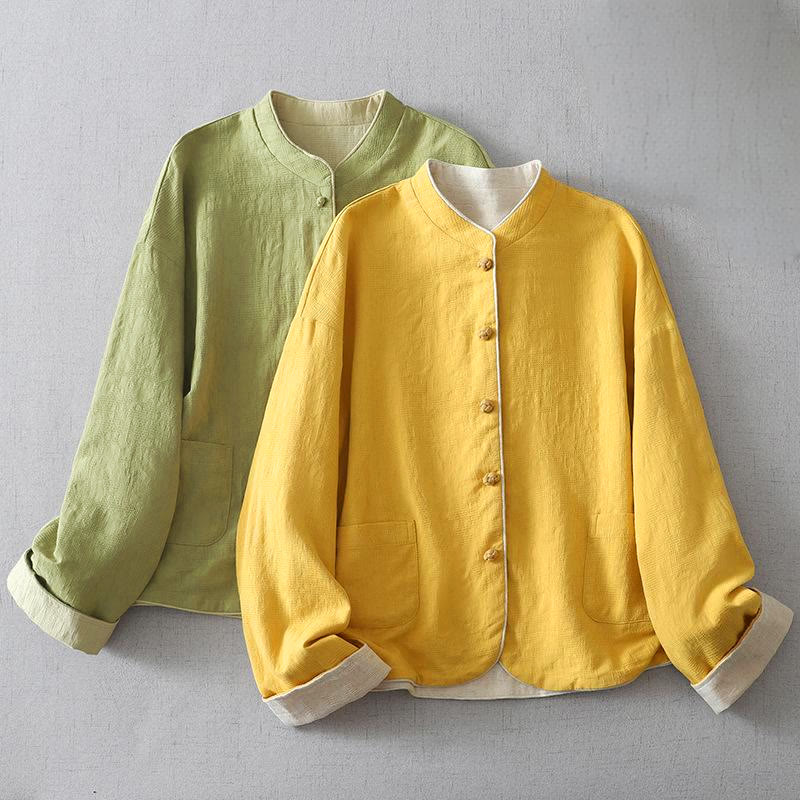 Buddha Stonesレディース 無地ジャカードスタンドカラー 長袖 コットンリネン ジャケット ポケット付き - image 4