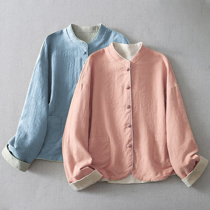 Buddha Stonesレディース 無地ジャカードスタンドカラー 長袖 コットンリネン ジャケット ポケット付き - image 9