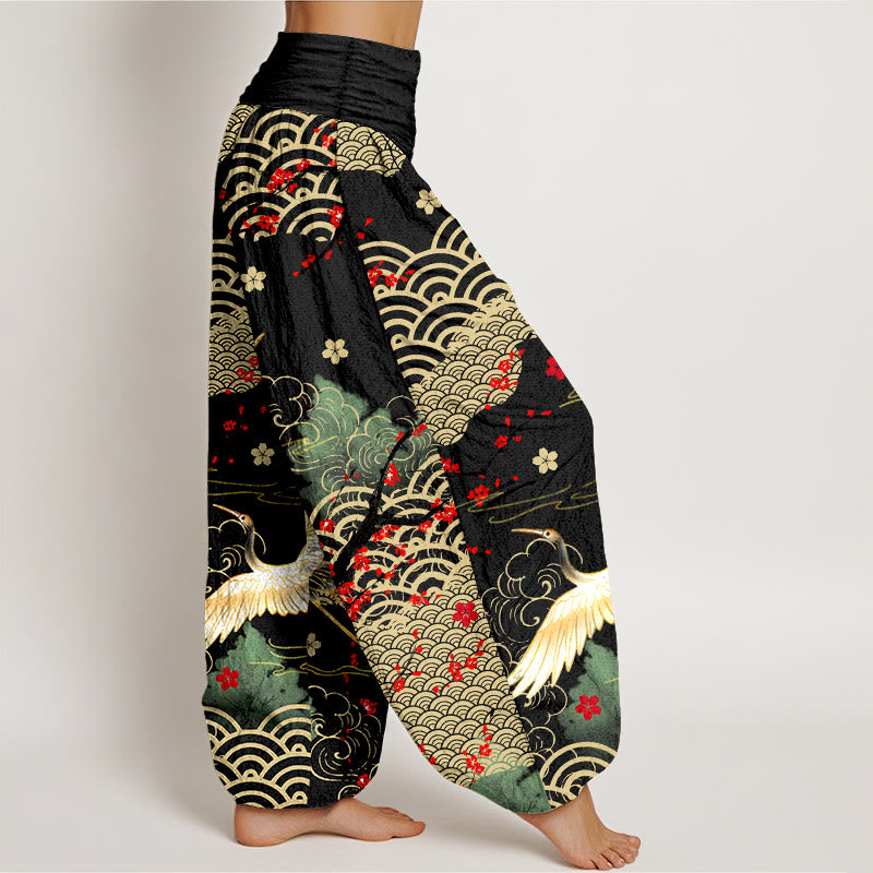Buddha Stonesプリント 鶴 吉兆 雲 花柄 レディース ウエストゴム ハーレム コットンパンツ - image 2