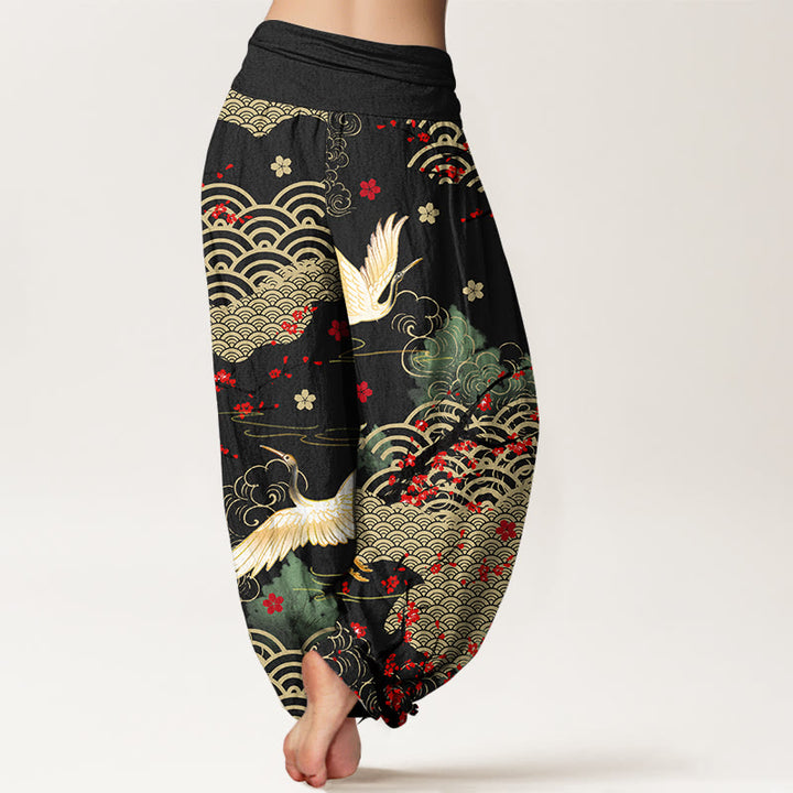 Buddha Stonesプリント 鶴 吉兆 雲 花柄 レディース ウエストゴム ハーレム コットンパンツ - image 1