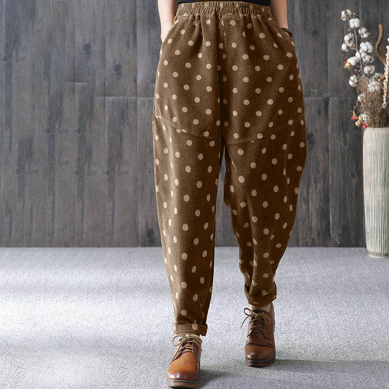 Buddha Stonesレディース 秋冬通勤プリント ドット柄 コーデュロイ ハーレムパンツ ポケット付き - image 3