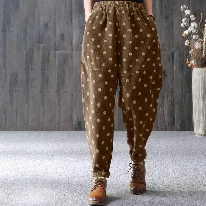 Buddha Stonesレディース 秋冬通勤プリント ドット柄 コーデュロイ ハーレムパンツ ポケット付き - image 3