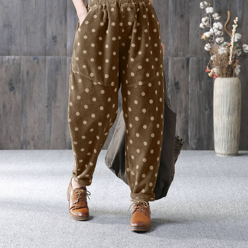 Buddha Stonesレディース 秋冬通勤プリント ドット柄 コーデュロイ ハーレムパンツ ポケット付き - image 1