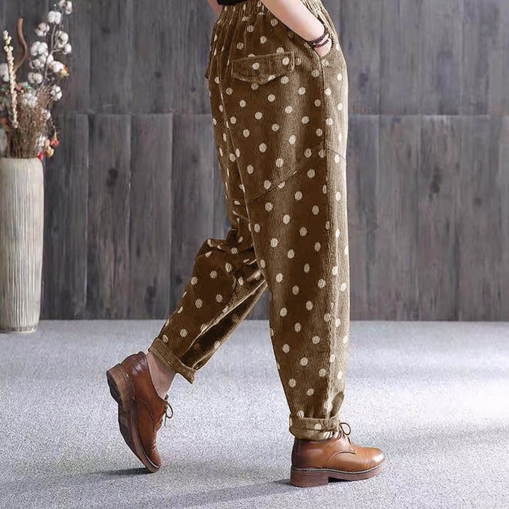 Buddha Stonesレディース 秋冬通勤プリント ドット柄 コーデュロイ ハーレムパンツ ポケット付き - image 4