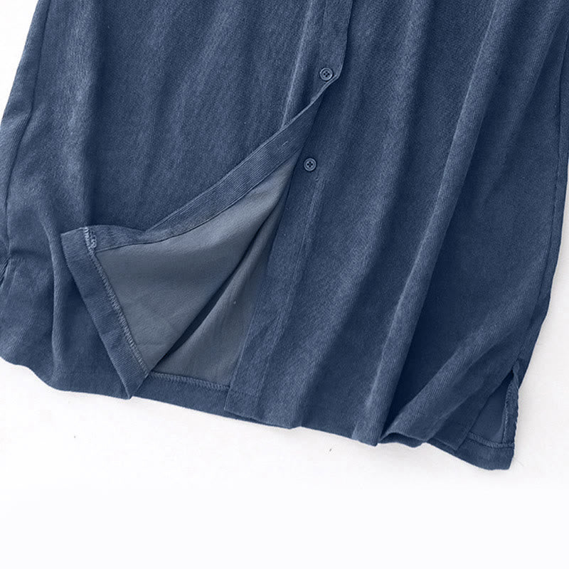 Buddha Stones秋 プレーンボタンデザイン 長袖 コーデュロイ ミディドレス ポケット付き - image 3