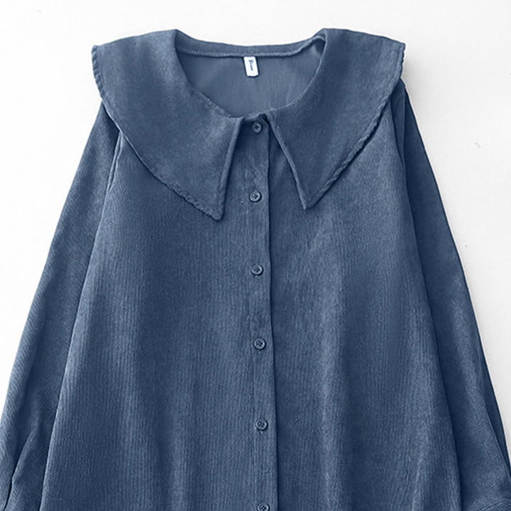 Buddha Stones秋 プレーンボタンデザイン 長袖 コーデュロイ ミディドレス ポケット付き - image 2