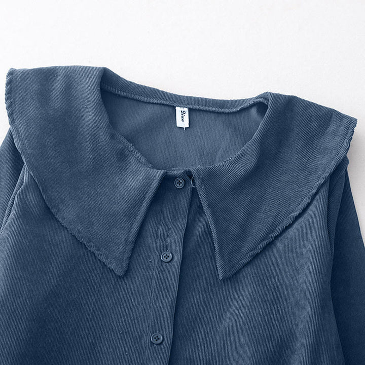 Buddha Stones秋 プレーンボタンデザイン 長袖 コーデュロイ ミディドレス ポケット付き - image 4