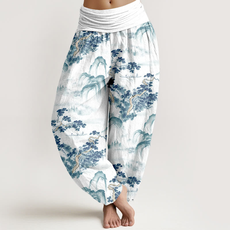 Buddha Stonesプリント 松の木と山の模様 純綿 レディース 伸縮性ウエスト ハーレムパンツ - スカイブルー - US16、 UK/AU20、 EU48 (3XL) - image 8