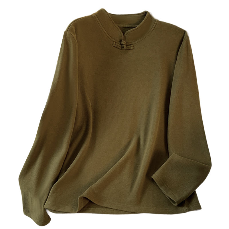 Buddha Stones春の無地スタンドカラーフロッグボタンデザインレディースコットン長袖シャツ - image 23