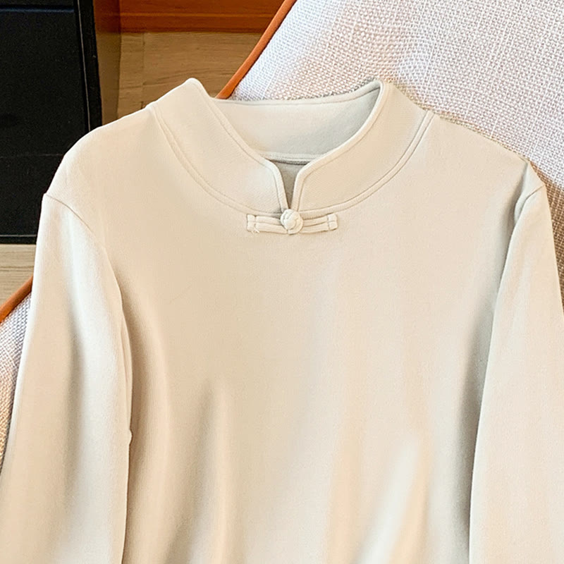 Buddha Stones春の無地スタンドカラーフロッグボタンデザインレディースコットン長袖シャツ - image 4