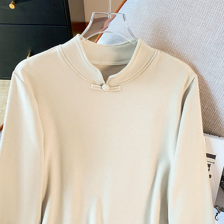 Buddha Stones春の無地スタンドカラーフロッグボタンデザインレディースコットン長袖シャツ - image 5