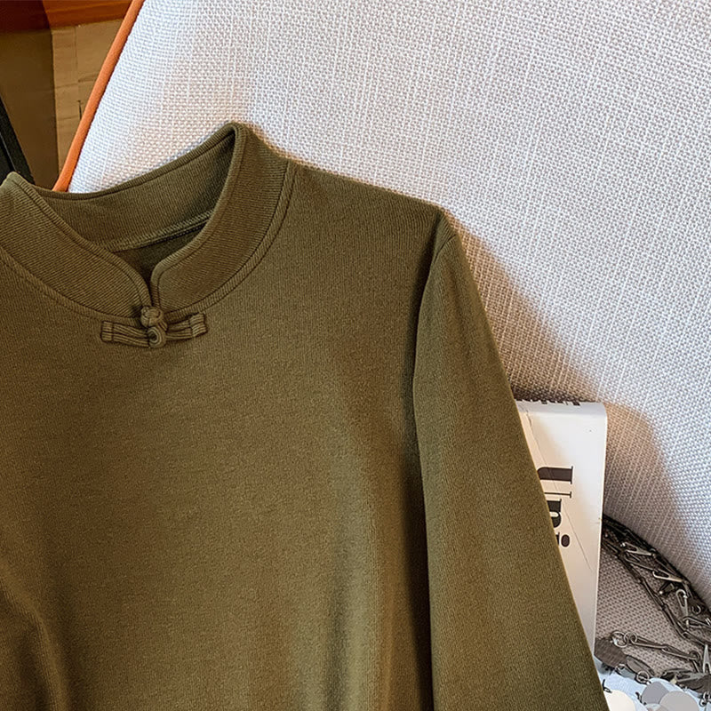 Buddha Stones春の無地スタンドカラーフロッグボタンデザインレディースコットン長袖シャツ - image 18